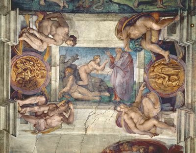 Sistine Chapel Ceiling: Creation of Eve, with four Ignudi (pre-restoration) by Michelangelo Buonarroti